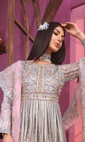 EMBROIDED NET FRONT, BACK AND SLEEVES. EMBROIDED HANDMADE NET BODY. EMBROIDED JAMAWAR FRONT AND SLEEVES PATCH. EMBROIDED JAMAWAR BACK DAMAN. EMBROIDED FRONT AND BACK GRIP PATTI EMBROIDED ORGANZA DUPATTA . GRIP TROUSER AND ACCESSORIES.