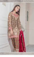 Chiffon Embroidered Front , Back , Sleeves , Front & Back Embroidered Daman Patch , Neck & Daman Motif Patch , Chiffon Embroidered Dupatta , Embroidered Grip Trouser & Accessories. Chiffon Embroidered Front , Back , Sleeves , Front & Back Embroidered Daman Patch , Neck & Daman Motif Patch , Chiffon Embroidered Dupatta , Embroidered Grip Trouser & Accessories.