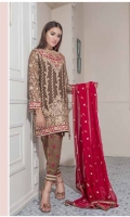 Chiffon Embroidered Front , Back , Sleeves , Front & Back Embroidered Daman Patch , Neck & Daman Motif Patch , Chiffon Embroidered Dupatta , Embroidered Grip Trouser & Accessories.