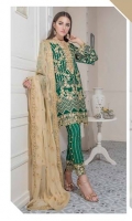 Chiffon Embroidered Front , Back , Sleeves , Front & Back Embroidered Daman Patch , Chiffon Embroidered Dupatta , Grip Trouser & Accessories