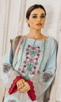 Formal Dress with Hand Embroidered: Lawn Body (Front, Back & Sleeves), Embroidered Organza Patti Patch (Front & Back). Paired with Digital Print Chiffon Dupatta and Cotton Trouser.
