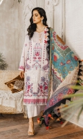 Formal Dress with Embroidered: Lawn Body (Front, Back & Sleeves), Embroidered Organza Patti Patch (Front, Back & Sleeves ). Paired with Digital Print Silk Dupatta and Cotton Trouser.