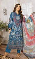 Formal Dress with Hand Embroidered: Lawn Body (Front, Back & Sleeves). Paired with Digital Print Dupatta and Cotton Trouser.