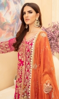 EMBROIDERED CHIFFON FRONT PANEL SIDE PANEL & SLEEVES CHIFFON BACK EMBROIDERED CHIFFON DUPATTA EMBROIDERED DAMAN PATCH TROUSER + NECK PATCH GRIP TROUSER