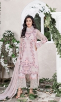 Embroidered pure chiffon front+back+sleeves Embroidered pure chiffon duppata Embroidered daman border Trouser patch and grip trouser+lining Accessories