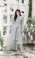 Embroidered pure chiffon front+back+sleeves Net embroidered duppata Embroidered daman border Embroidered patti Grip embroidered trouser and patch+lining Accessories