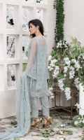 Embroidered pure chiffon front+back+sleeves Net embroidered duppata Embroidered daman border Embroidered patti Grip embroidered trouser and patch+lining Accessories