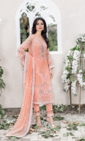 Embroidered pure chiffon front+back+sleeves Embroidered pure chiffon duppata Embroidered back border patch Embroidered patti for daman and trouser Grip trouser+lining Accessories