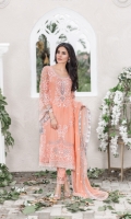 Embroidered pure chiffon front+back+sleeves Embroidered pure chiffon duppata Embroidered back border patch Embroidered patti for daman and trouser Grip trouser+lining Accessories
