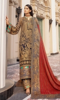 EMBROIDERED CHIFFON FRONT BACK AND SLEEVES EMBROIDERED CHIFFON DUPATTA WITH MESORI PATCH EMBROIDERED MESORI FRONT BACK DAMAN PATCH EMBROIDERED ORGANZA SLEEVES GRIP TROUSER WITH EMBROIDERED ORGANZA PATCHSES