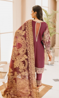 EMBROIDERED ORGANZA FRONT AND SLEEVES EMBROIDERED NECK PATTI PATCHS ORGANZA BACK EMBROIDERED ORGANZA FRONT AND BACK SLEEVES AND TROUSER PATTI PATCHES JACQUARD DUPATTA GRIP TROUSERS