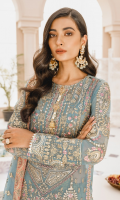 EMBROIDERED CHIFFON FRONT AND SLEEVES CHIFFON BACK EMBROIDERED ORGANZA FRONT AND BACK PATTI PATCHS EMBROIDERED ORGANZA FRONT JAAL EMBROIDERED CHIFFON TIE DYE DUPATTA WITH EMBROIDERED PATTI GRIP TROUSERS