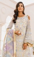 EMBROIDERED CHIFFON FRONT BACK AND SLEEVE EMBROIDERED CHIFFON BACK EMBROIDERED ORGANZA FRONT BACK AND SLEEVES PATCH NET LASER EMBROIDERED DUPATTA JAMAWAR TROUSER