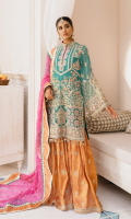 EMBROIDERED CHIFFON FRONT AND SLEEVES CHIFFFON BACK EMBROIDERED ORGANZA FRONT AND BACK DAMAN PATCHES EMBROIDERED CHIFFON DUPATTA WITH JAMAWAR PATCH EMBROIDERED JAMAWAR GHARARA