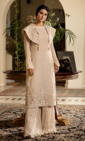 ‘Rumi’s Whisper’ is a perfectly handcrafted Asymmetrical ensemble with a flattering bolero neckline made from flamboyant criss-cross organza and an ornate tilla work and flamboyant embroidery. This ensemble is accompanied by a flared trouser made from crushed chiffon to give the dress the complete NS look.  Fabric: 100% Pure Cotton Masuri made to the highest standards of quality synonymous to Nilofer Shahid