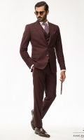 Deep maroon two piece suit Tropical suiting fabric Pointed lapel Two buttons Two side Vents Slim fit