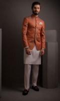 Orange Self Jamawar Prince Coat With Cotton Silk Kurta pajama