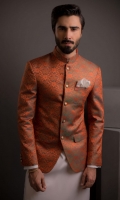 Orange Self Jamawar Prince Coat With Cotton Silk Kurta pajama