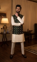 Jamawar Hand Embroided Waist Coat with Cotton Silk Kurta Pajama, Pocket Square