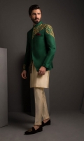 Emerald GreenPure Self Jamawar with Hand Embroided work  Cotton Silk Cream Kurta Pajama
