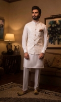 Beige Pure Indian Jamawar Prince Coat with Cotton Silk Kurta Pajama, Pocket Square