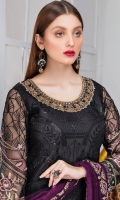 Embroidered Organza front with sequence– 30 inch  Embroidered Organza back – 30 inch  Hand work neck patch Embroidered Organza sleeves – 1.25 Meter  Embroidered Organza sleeves lace -1.25 Meter Embroidered Organza ghera lace – 1.5 Meter Embroidered Net dupatta – 2.50 Meter Raw Silk trouser – 2.5 Meter  Embroidered Organza trouser patches