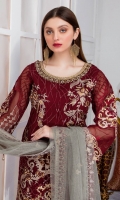 Embroidered Organza front with sequence– 30 inch Embroidered Organza back – 30 inch  Hand work neck patch Embroidered Organza sleeves – 1.25 Meter  Embroidered Organza sleeves lace with pasting -1.25 Meter Embroidered Organza ghera lace with patch – 1.5 Meter Embroidered Net dupatta – 2.50 Meter Raw Silk trouser – 2.5 Meter  Embroidered Organza trouser patches