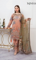 Embroidered Organza front with sequence– 30 inch Embroidered Organza back – 30 inch  Hand work neck patch Embroidered Organza sleeves – 1.25 Meter  Embroidered Organza sleeves lace  -1.25 Meter Embroidered Organza ghera lace with patch – 1.5 Meter Embroidered Net dupatta – 2.50 Meter Raw Silk trouser – 2.5 Meter  Embroidered Organza trouser patches