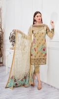 Embroidered Organza front with sequence – 30 inch Embroidered Organza back – 30 inch  Hand work neck patch  Embroidered Organza sleeves – 1.25 Meter Embroidered Tissue sleeves lace with pasting– 1.25 Meter Embroidered Tissue ghera lace – 1.5 Meter Embroidered Net dupatta – 2.50 Meter Raw Silk trouser – 2.5 Meter  Embroidered tissue trouser patches