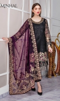 Embroidered Organza front with sequence– 30 inch  Embroidered Organza back – 30 inch  Hand work neck patch Embroidered Organza sleeves – 1.25 Meter  Embroidered Organza sleeves lace -1.25 Meter Embroidered Organza ghera lace – 1.5 Meter Embroidered Net dupatta – 2.50 Meter Raw Silk trouser – 2.5 Meter  Embroidered Organza trouser patches