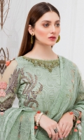 Embroidered Organza front with sequence – 30 inch Embroidered Organza back – 30 inch  Hand work neck patch Embroidered Organza sleeves – 1.25 Meter  Embroidered Organza sleeves lace -1.25 Meter Embroidered Organza ghera lace – 1.5 Meter Embroidered Net dupatta – 2.50 Meter Raw Silk trouser – 2.5 Meter  Embroidered Organza trouser patches