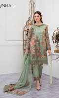 Embroidered Organza front with sequence – 30 inch Embroidered Organza back – 30 inch  Hand work neck patch Embroidered Organza sleeves – 1.25 Meter  Embroidered Organza sleeves lace -1.25 Meter Embroidered Organza ghera lace – 1.5 Meter Embroidered Net dupatta – 2.50 Meter Raw Silk trouser – 2.5 Meter  Embroidered Organza trouser patches