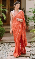 Tehreem wears Maala, immaculate hand rendered chikankari saari in a fresh coral tangerine hue. It is highlighted with a generous spray of hand stitched Mukesh and worn with a rawsilk blouse with gotta chevron pattern.