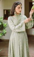 A mint chikankari phirann sports a tasteful spray of mukesh. The sleeves are hand-rendered with resham and finished with a gota belt to accentuate the waist. We have paired it with silk gotta chooridar.
