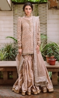 Tehreem wears Kamila, a pure silk kameez in GOLD is filled with a generous spray of dabka, sheesha and tilla. The shirt is brought together with our signature hand made doris worn with a kaccha tilla gharara and a net dupatta with hand embroidered borders.