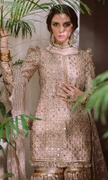 Tehreem wears Kamila, a pure silk kameez in GOLD is filled with a generous spray of dabka, sheesha and tilla. The shirt is brought together with our signature hand made doris worn with a kaccha tilla gharara and a net dupatta with hand embroidered borders.