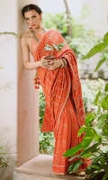 Tehreem wears Maala, immaculate hand rendered chikankari saari in a fresh coral tangerine hue. It is highlighted with a generous spray of hand stitched Mukesh and worn with a rawsilk blouse with gotta chevron pattern.