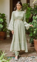 A mint chikankari phirann sports a tasteful spray of mukesh. The sleeves are hand-rendered with resham and finished with a gota belt to accentuate the waist. We have paired it with silk gotta chooridar.