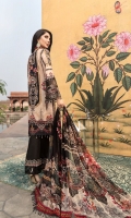DIGITAL PRINTED EMBROIDERED FRONT DIGITAL PRINTED BACK AND SEELVES ORGANZA EMBROIDERED NECKLINE ORGANZA EMBROIDERED FRONT BORDER ORGANZA EMBROIDERED SEELVES BORDER ORGANZA EMBROIDERED TROUSER BORDER DIGITAL PRINTED CHIFFON DUPATTA DYED TROUSER