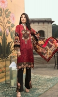 DIGITAL PRINTED EMBROIDERED FRONT DIGITAL PRINTED BACK AND SEELVES ORGANZA EMBROIDERED NECKLINE ORGANZA EMBROIDERED FRONT BORDER ORGANZA EMBROIDERED SEELVES BORDER ORGANZA EMBROIDERED TROUSER MOTIF DIGITAL PRINTED CHIFFON DUPATTA DYED TROUSER