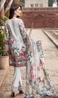 DIGITAL PRINTED EMBROIDERED FRONT DIGITAL PRINTED BACK AND SEELVES ORGANZA EMBROIDERED NECKLINE ORGANZA EMBROIDERED FRONT BORDER ORGANZA EMBROIDERED SEELVES BORDERS ORGANZA EMBROIDERED TROUSER PATTI DIGITAL PRINTED CHIFFON DUPATTA DYED TROUSER