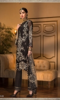 CHIFFON EMBROIDERED FRONT CHIFFON EMBROIDERED BACK PLAIN CHIFFON SLEEVES EMBROIDERED MOTIF FOR SLEEVES EMBROIDERED BORDER FOR FRONT EMBROIDERED BORDER FOR BACK EMBROIDERED BORDER FOR TROUSER DYED NET DUPATTA EMBROIDERED PALLU EMBROIDERED PATI FOR DUPATTA DYED RAW SILK TROUSER