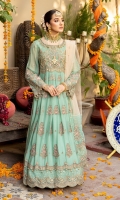 Chiffon Embroidered Front  Chiffon Embroidered Back  Chiffon Embroidered Front & Back Bodice  Embroidered Chiffon Sleeves  Organza Embroidered Embellished Neckline  Organza Embroidered Front Border  Organza Embroidered Sleeves Motifs  Dyed Net Dupatta  Organza Embroidered Dupatta Pallu  Dyed Raw Silk Trouser