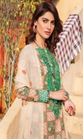 Digital Printed Luxury Lawn Shirt With Embroidered Neck Embroidered Bamber Chiffon Dupatta Cotton Dyed Trouser Embroidered Lass Fort+Patches