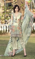 Three Piece, Shirt Fabric: Digital printed Embroidered Lawn, Includes: Front, Back, Sleeves, Digital Printed Crinkle Chiffon Dupatta, Dyed Cotton Trouser.