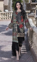 Three Piece, Shirt Fabric: Digital printed Embroidered Lawn, Includes: Front, Back, Sleeves, Digital Printed Crinkle Chiffon Dupatta, Dyed Cotton Trouser.