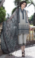 Three Piece, Shirt Fabric: Digital printed Embroidered Lawn, Includes: Front, Back, Sleeves, Digital Printed Crinkle Chiffon Dupatta, Dyed Cotton Trouser.