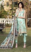 Three Piece, Shirt Fabric: Digital printed Embroidered Lawn, Includes: Front, Back, Sleeves, Digital Printed Crinkle Chiffon Dupatta, Dyed Cotton Trouser.