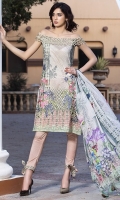 Three Piece, Shirt Fabric: Digital printed Embroidered Lawn, Includes: Front, Back, Sleeves, Digital Printed Crinkle Chiffon Dupatta, Dyed Cotton Trouser.