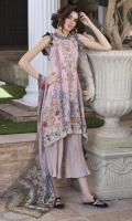 Three Piece, Shirt Fabric: Digital printed Embroidered Lawn, Includes: Front, Back, Sleeves, Digital Printed Crinkle Chiffon Dupatta, Dyed Cotton Trouser.